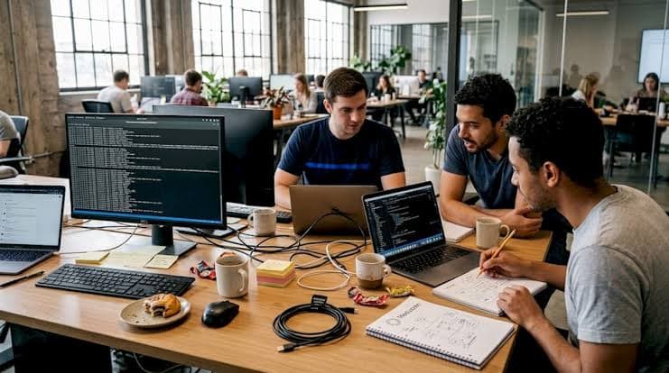 Spider IT Solutions team working together at a shared desk